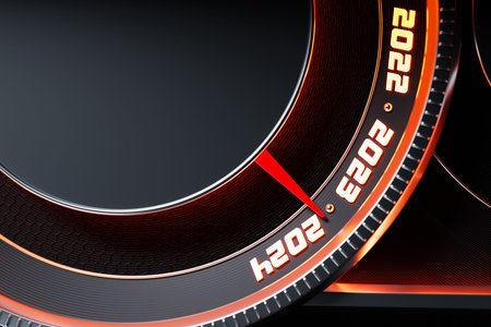 3D illustration close up black speedometer with cutoffs 2023,2024. The concept of the new year and...
