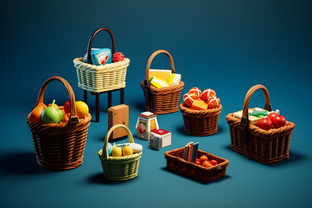 3D illustration Grocery basket with fresh vegetables, fruits and other goods, generative aiの素材