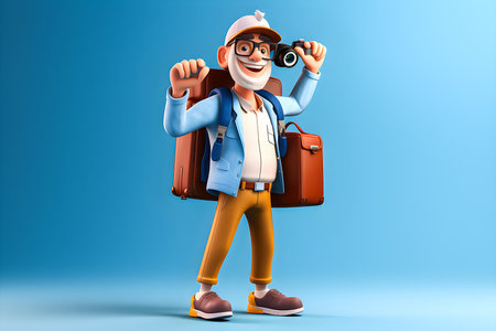 Cartoon character male traveler with backpack, generative AIの素材