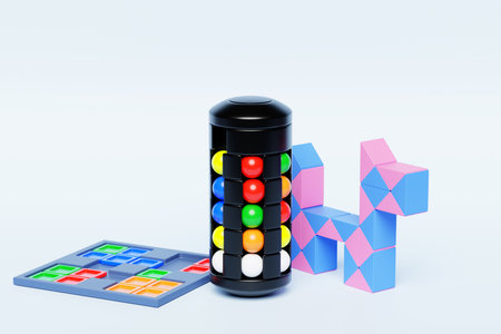3d illustration of a black cylinder with colorful balls, a square puzzle and a long puzzle of...