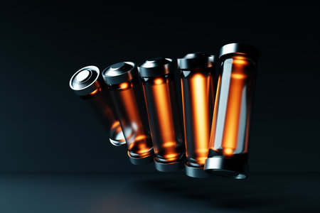 3d illustration close-up of aa size alkaline battery on dark background. An unsafe way to use...