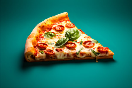 Close-up of a slice of fresh pizza with pepperoni and cheese, generate aiの素材