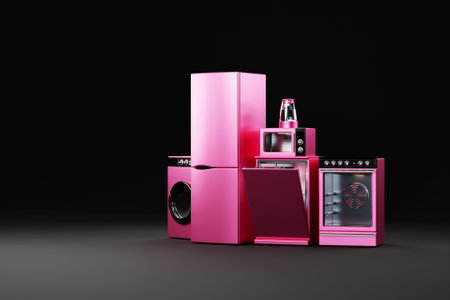 Realistic mockup of a washing machine, dishwasher, stove and refrigerator on a black background. 3d Household appliances for household chores.の写真素材