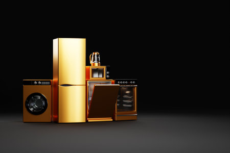 Appliances. Set of household kitchen appliances isolated on black. Refrigerator, electric stove, dishwasher and washing machine. 3d illustrationの写真素材