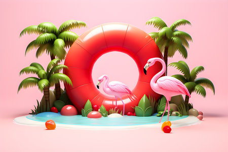 3d illustration set of the flamingo inflatable toy, watermelon, palm trees, shell, water splash , generative aiの素材