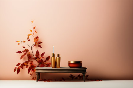 Small table podium with jars of cosmetics on a light background, generative AIの素材