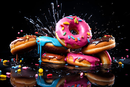 Colorfully decorated multi-colored donuts with crumbs and splashes falling in motion on a black backgroundの素材