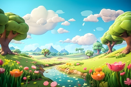 3D illustration of a cartoon landscape with forests, a river and fields with flowers, generated aiの素材