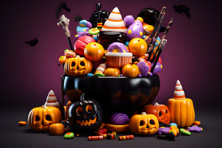 3D illustration of autumn decorations: pumpkins and sweets, marmalade, generated aiの素材