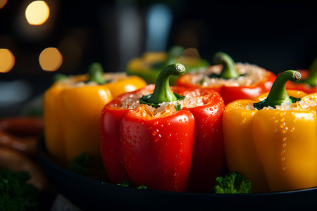 Close up of bell peppers stuffed with quinoa, generative AIの素材