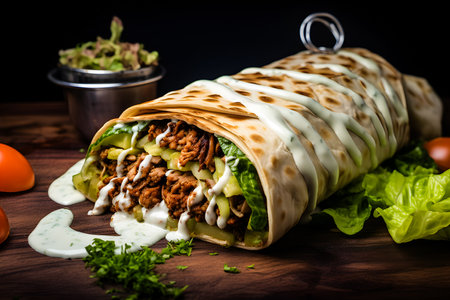Gyro fresh roll with shawerma with grilled chicken, lettuce salad, bacon, tomato, sauces, cheese and vegetables, close up , generative aiの素材
