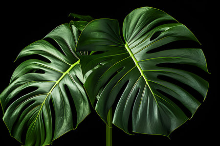 Tropical plant backdrop. Close up monstera leaves on black background, generative aiの素材