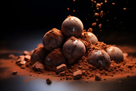 close up of the cocoa, chocolate truffle on dark background, generated aiの素材