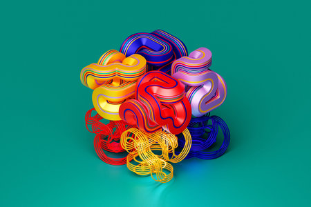 3D illustration, colorful illusion isometric abstract shapes colorful shapes intertwined