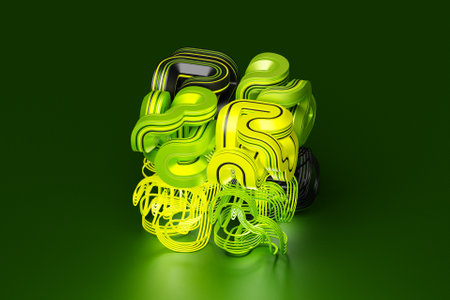 3D illustration, green illusion isometric abstract shapes colorful shapes intertwinedの写真素材