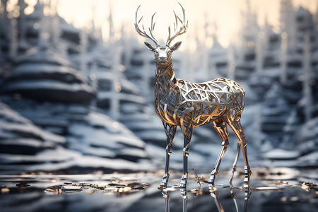 3d illustration of a silver metal deer on a forest background, generated aiの素材