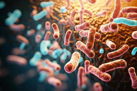 close-up of multi-colored 3D bacteria under a color scanning electron micrograph.の素材