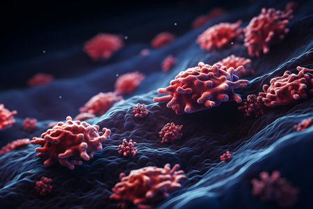 close-up of multi-colored 3D bacteria under a color scanning electron micrograph.の素材