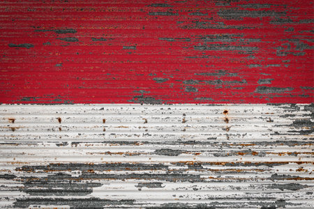 Close-up of old metal wall with national flag of Monaco. Concept of Monaco export-import, storage of goods and national delivery of goods. Flag in grunge styleの写真素材