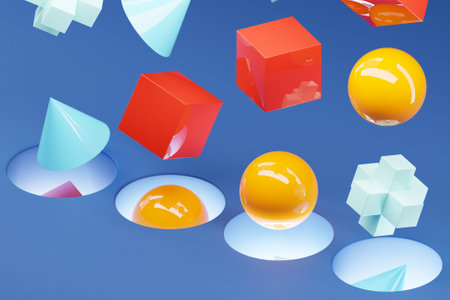 3D illustration of multi-colored volumetric geometric shapes falling into a portal on a blue backgroundの写真素材