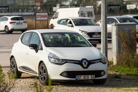 Side ; Turkey â February 04 2024: white Renault Clio is parked on the street on a warm summer day against the backdrop of a parkのeditorial素材