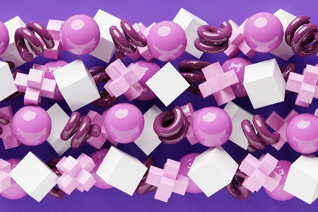 3D rendering. Colorful pattern of cubes of different shapes. Minimalistic pattern of simple shapes. Bright creative symmetrical textureの写真素材