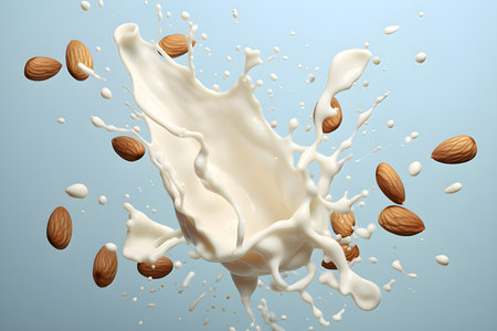 Close-up of milk splashes with fresh almonds flying on blue background, generated by AI. 3D illustrationの素材