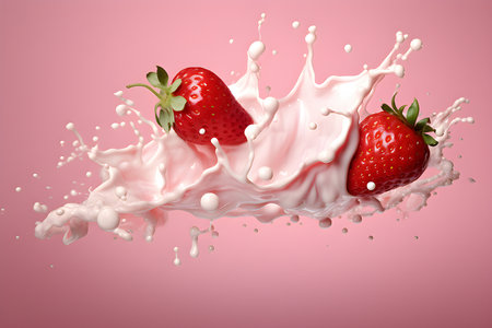 Close-up of milk splashes with fresh red strawberries flying on a pink background, created by artificial intelligence. 3D illustrationの素材