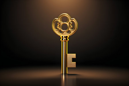 Close-up of a golden key beautifully forged on a dark background, generated by AI. 3D illustrationの素材