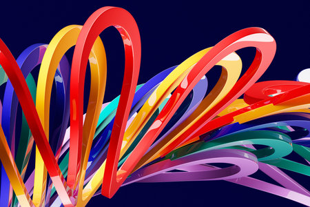 3d illustration of a colorful stripes. Geometric stripes similar to waves. Abstract glowing crossing...
