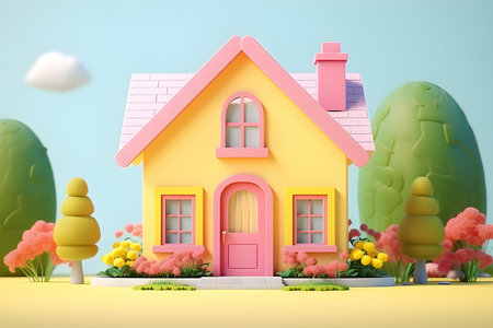 Cartoon fairy-tale world with pink cozy houses and colorful garden around on a summer day, generated by AI. 3D illustrationの素材