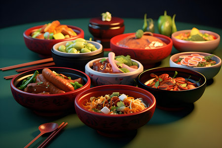Close-up of various plates with exotic spicy Thai food: soups, tom yum, udon noodles, generated by AI. 3D illustrationの素材