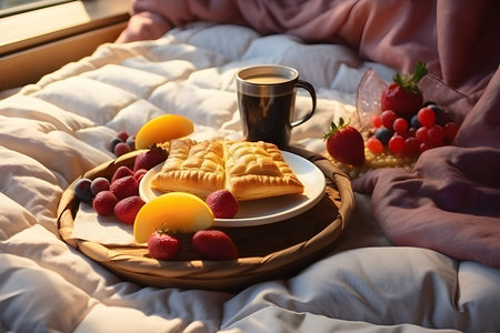 Lovely elegant breakfast serving composition of cake, tray and tea, next to blanket, morning routine created by artificial intelligence. 3D illustrationの素材