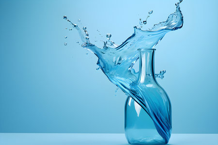 close-up glass transparent vase jug with elegant splashes of water on a blue background, generated by AI. 3D illustrationの素材