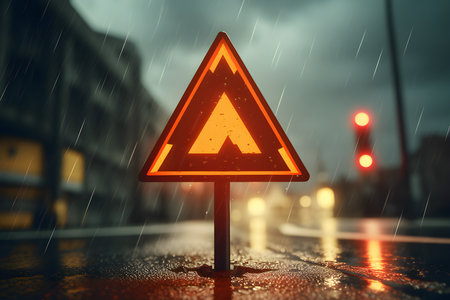 Close-up of a yellow sign warning of danger in the asphalt in a thunderstorm, generated by AI. 3D illustrationの素材