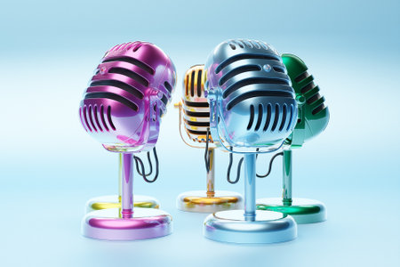 Multicolored retro microphone isolated on a blue background. minimal style. 3D renderingの写真素材