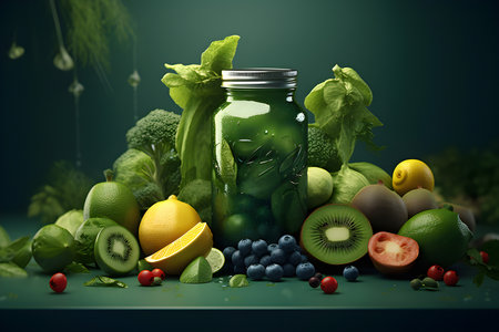 composition of fresh exotic fruits on a blue background, created by AI. 3D illustrationの素材