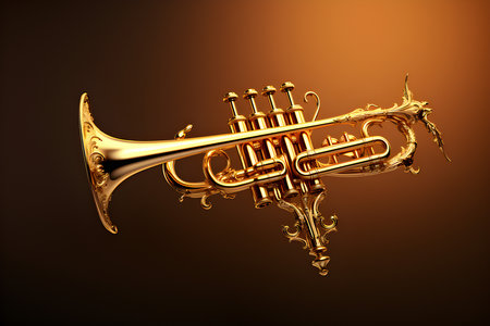 close-up of a golden musical instrument trumpet on a brown background, generated by AI. 3D illustration