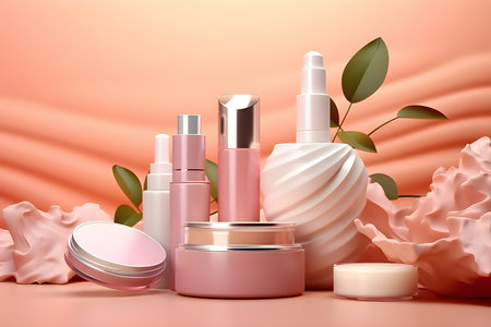 A composition of pink various jars of cosmetics created by artificial intelligence. 3D illustrationの素材