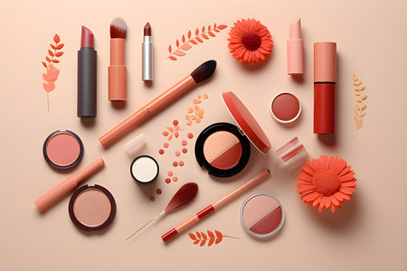 Composition of pink cosmetics, generated by AI. 3D illustrationの素材