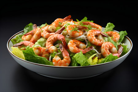 Close-up of fresh vegetable and fried shrimp salad, generated by AI. 3D illustrationの素材