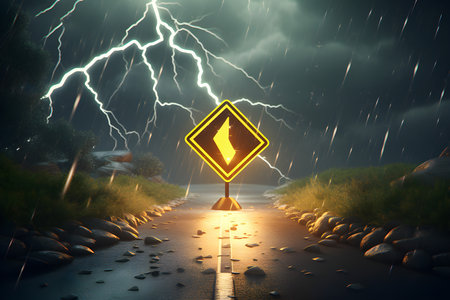 Close-up of a yellow sign warning of danger in the asphalt in a thunderstorm, generated by AI. 3D illustrationの素材
