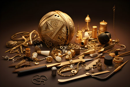 Close-up of a jeweler's table with various jewelry with blue stones and tools, generated by AI. 3D illustrationの素材