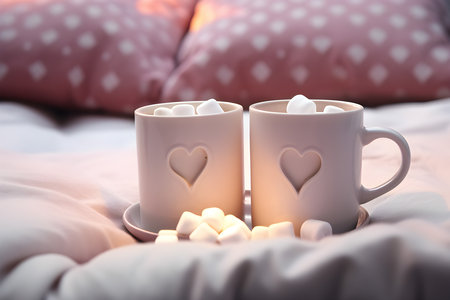 A couple of mugs of coffee with milk foam and marshmallows stand on a tray on the bed, next to the blanket, a morning routine created by artificial intelligence. 3D illustrationの素材