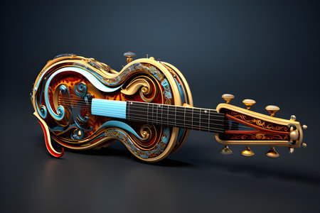 Close-up of a fantasy violin and other instruments on a dark background, generated by AI. 3D illustrationの素材