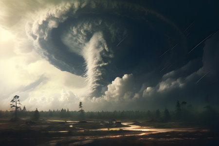 Gloomy landscape with bad weather. Tornado and heavy rain over a devastated field, generated by AI. 3D illustrationの素材
