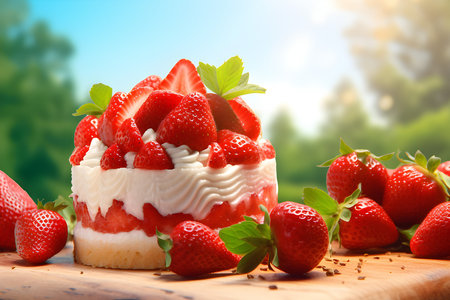 Strawberry cake with sponge cake, mousse and jelly on a blurred background. Summer dessert. Copy space, generated by AI. 3D illustrationの素材