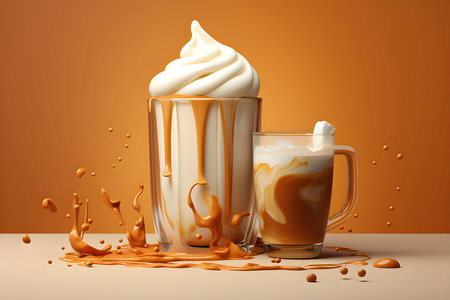 Glass cup of delicious hot caramel, cocoa with whipped cream, generated by AI. 3D illustrationの素材