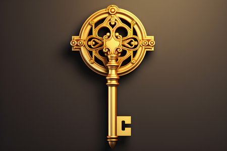 Vintage Gold Skeleton Key Isolated on black Background, generated by AI. 3D illustrationの素材