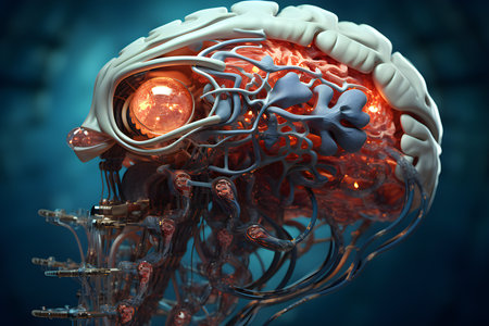fantastic brain with robot parts, very smart cyber creature, generated by AI. 3D illustrationの素材
